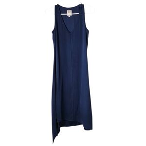 GOSILK Silk Asymmetrical V Neck Dress Navy XS Minimalist Resort Evening